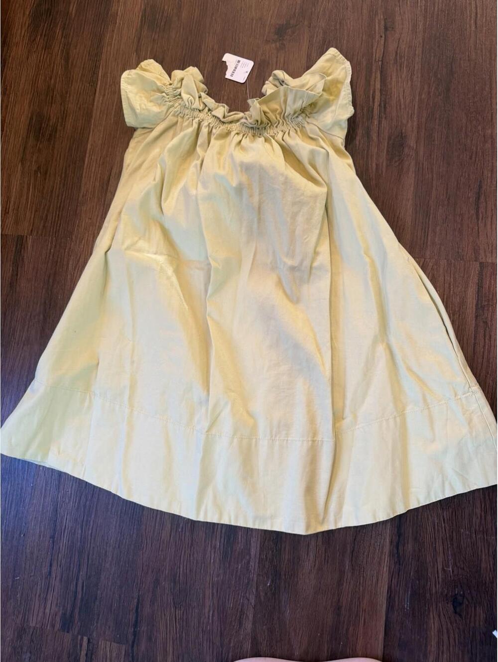 Free People Yellow Green Mini Dress XS, New Witch Tags Rufle Neck Pockets Sides